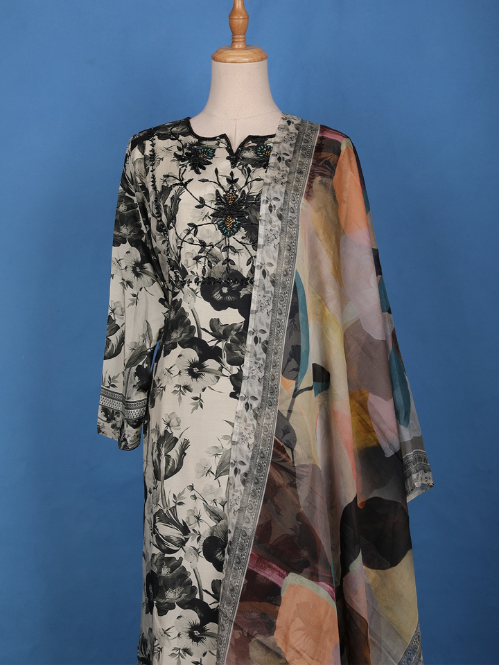 Off-White With Black Floral Print & Multicolor Dupatta Cotton Salwar Suit - Diadem