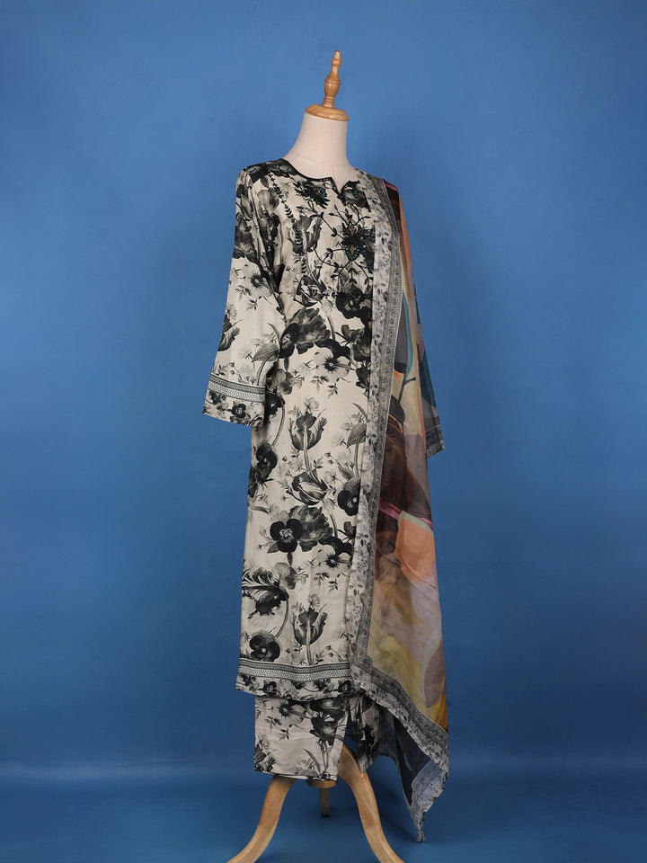 Off-White With Black Floral Print & Multicolor Dupatta Cotton Salwar Suit - Diadem