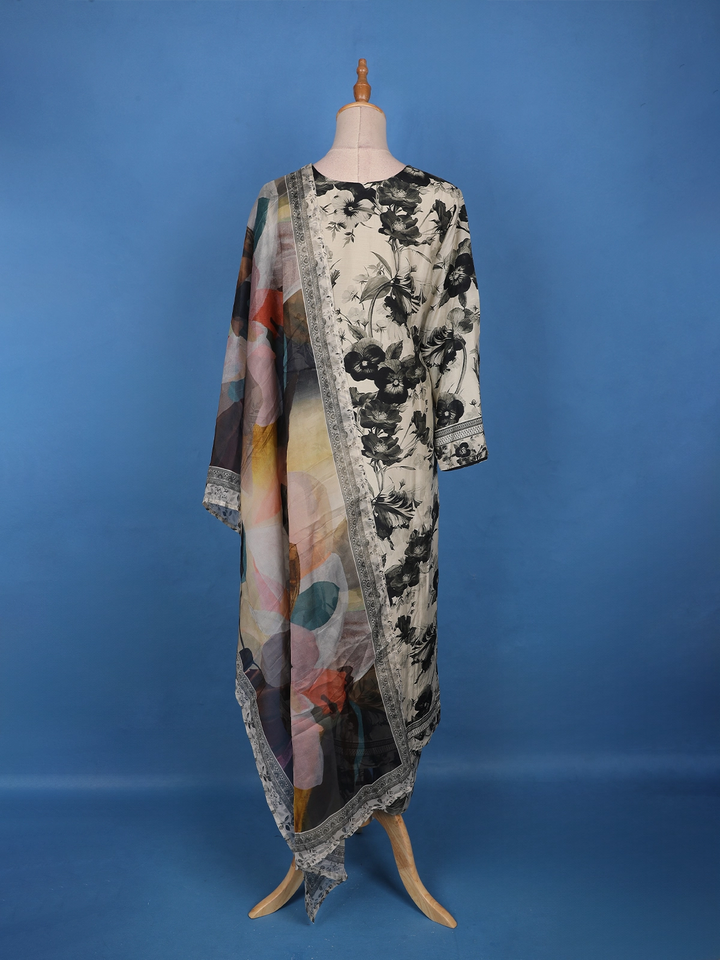 Off-White With Black Floral Print & Multicolor Dupatta Cotton Salwar Suit - Diadem