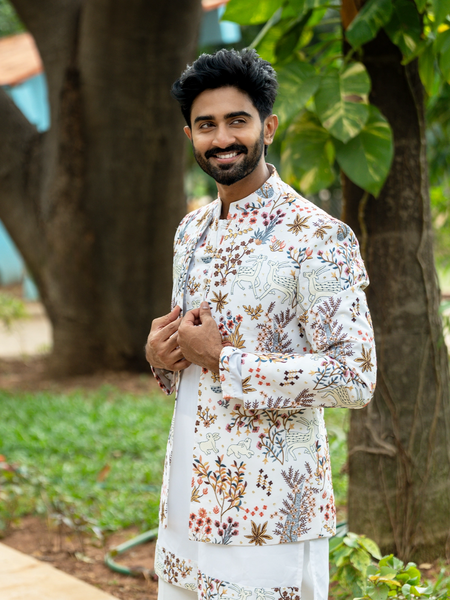 Off White Floral Embroidery Georgette Sherwani And Pant Set - Diadem