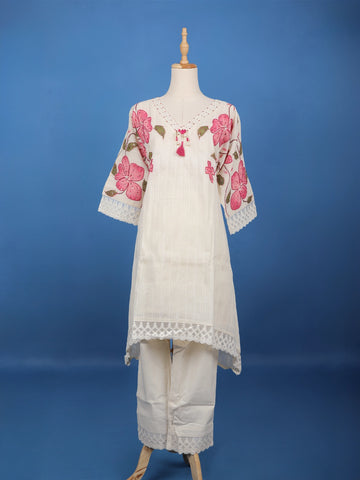 Off White Floral Printed Cotton Salwar Suit - Diadem
