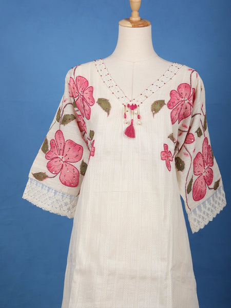 Off White Floral Printed Cotton Salwar Suit - Diadem