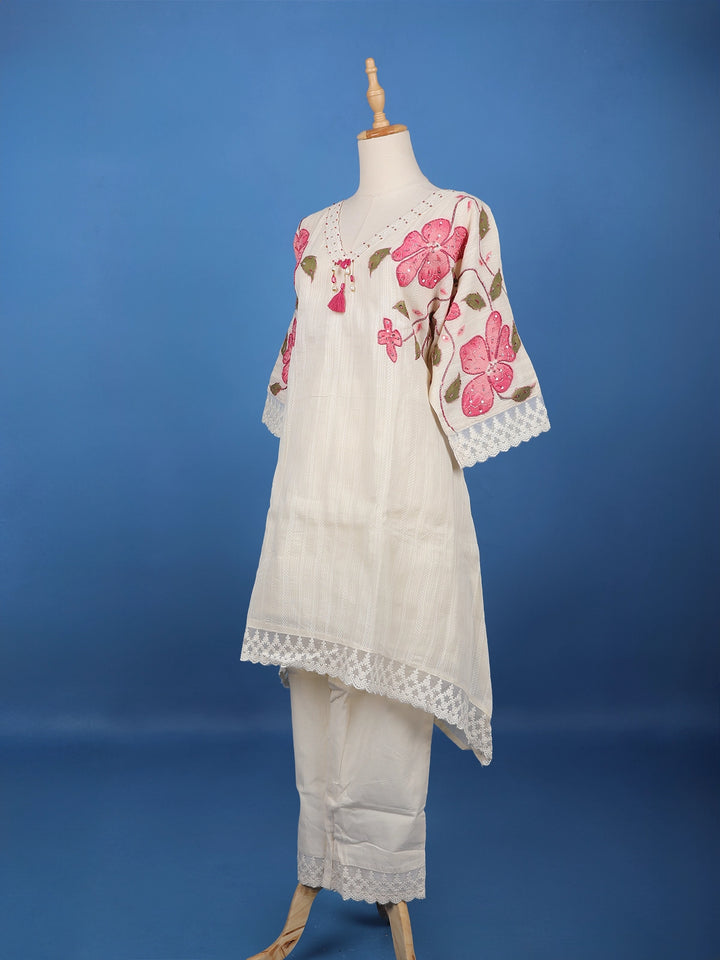 Off White Floral Printed Cotton Salwar Suit - Diadem