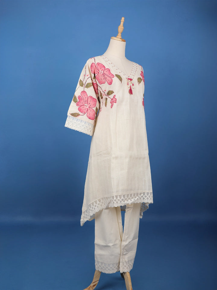 Off White Floral Printed Cotton Salwar Suit - Diadem