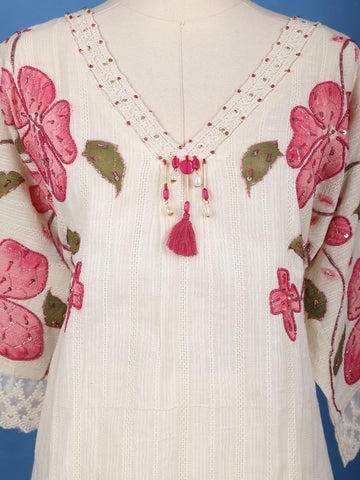 Off White Floral Printed Cotton Salwar Suit - Diadem