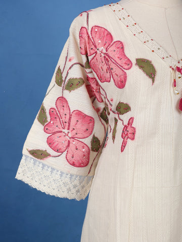 Off White Floral Printed Cotton Salwar Suit - Diadem