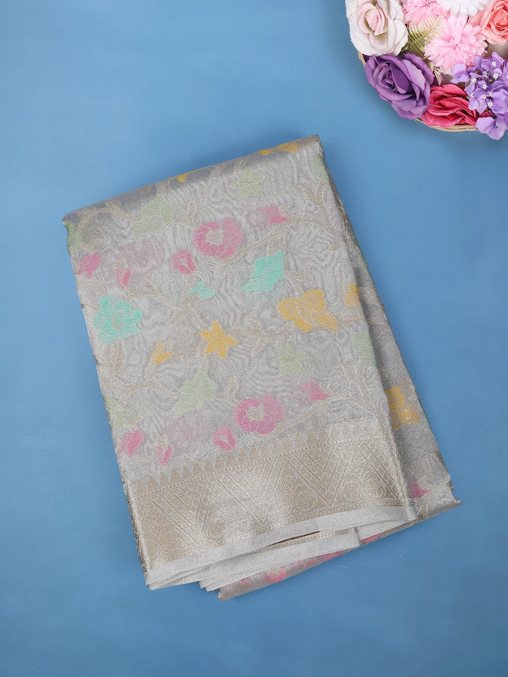 Off White Floral Design Tissue Silk Saree - Diadem