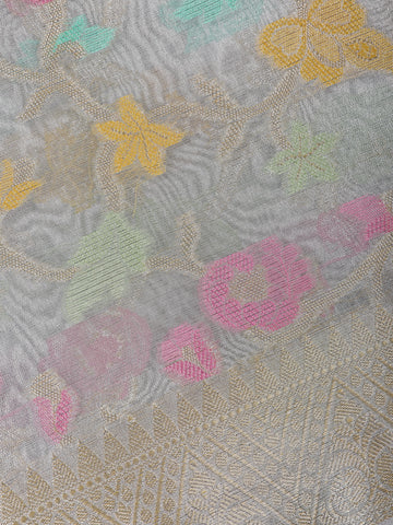 Off White Floral Design Tissue Silk Saree - Diadem