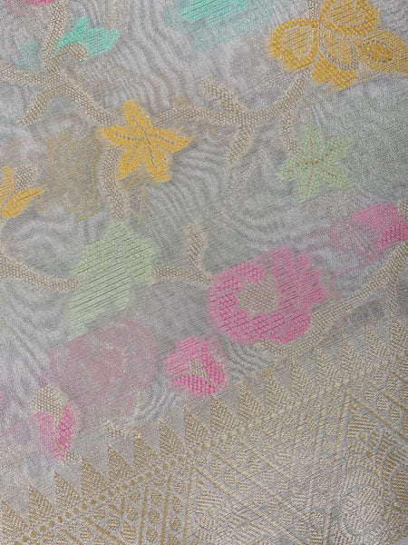 Off White Floral Design Tissue Silk Saree - Diadem