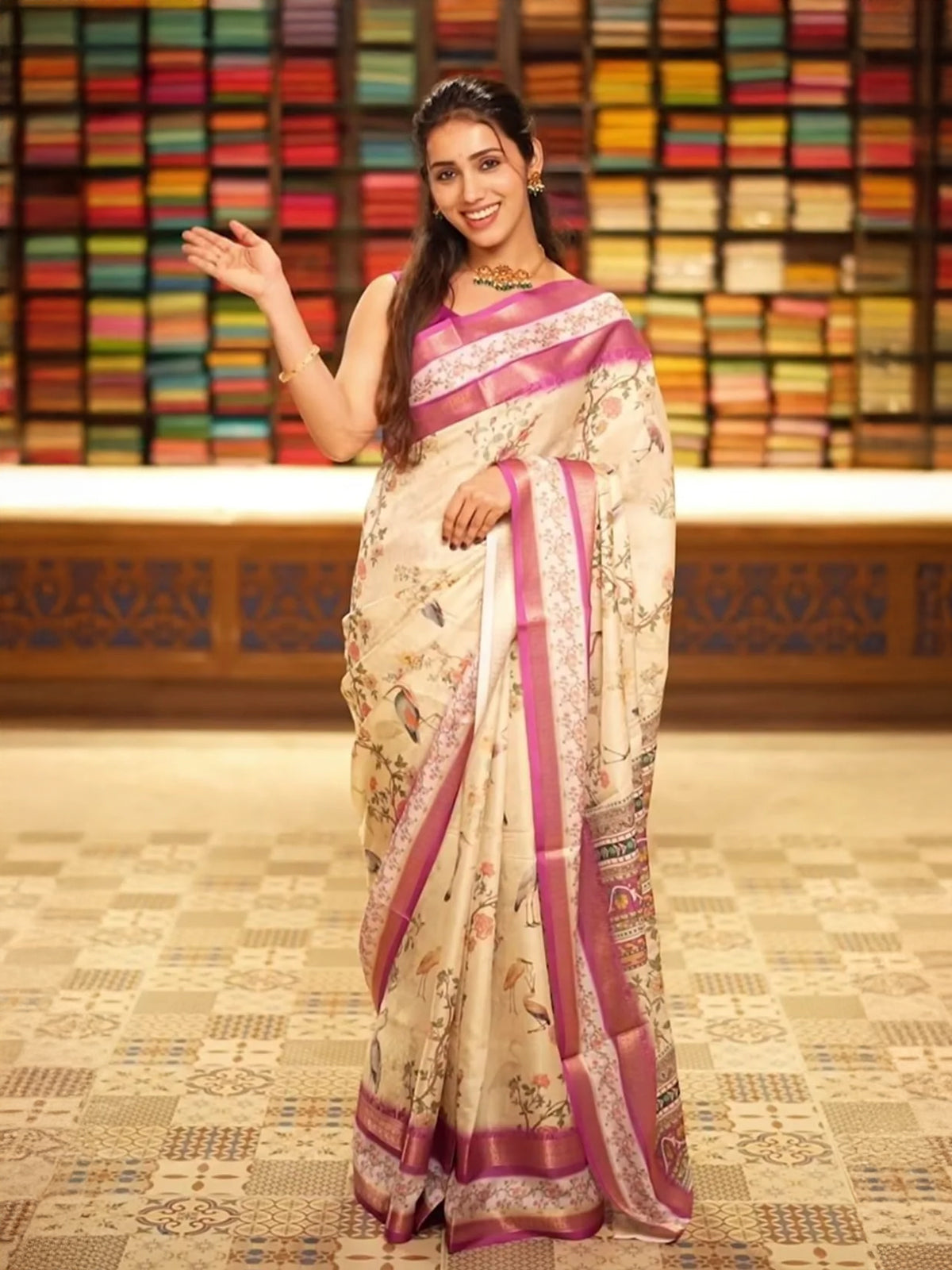 Off White Floral Vine Printed Design Chiffon Saree with Contrast Magenta Purple Zari Border