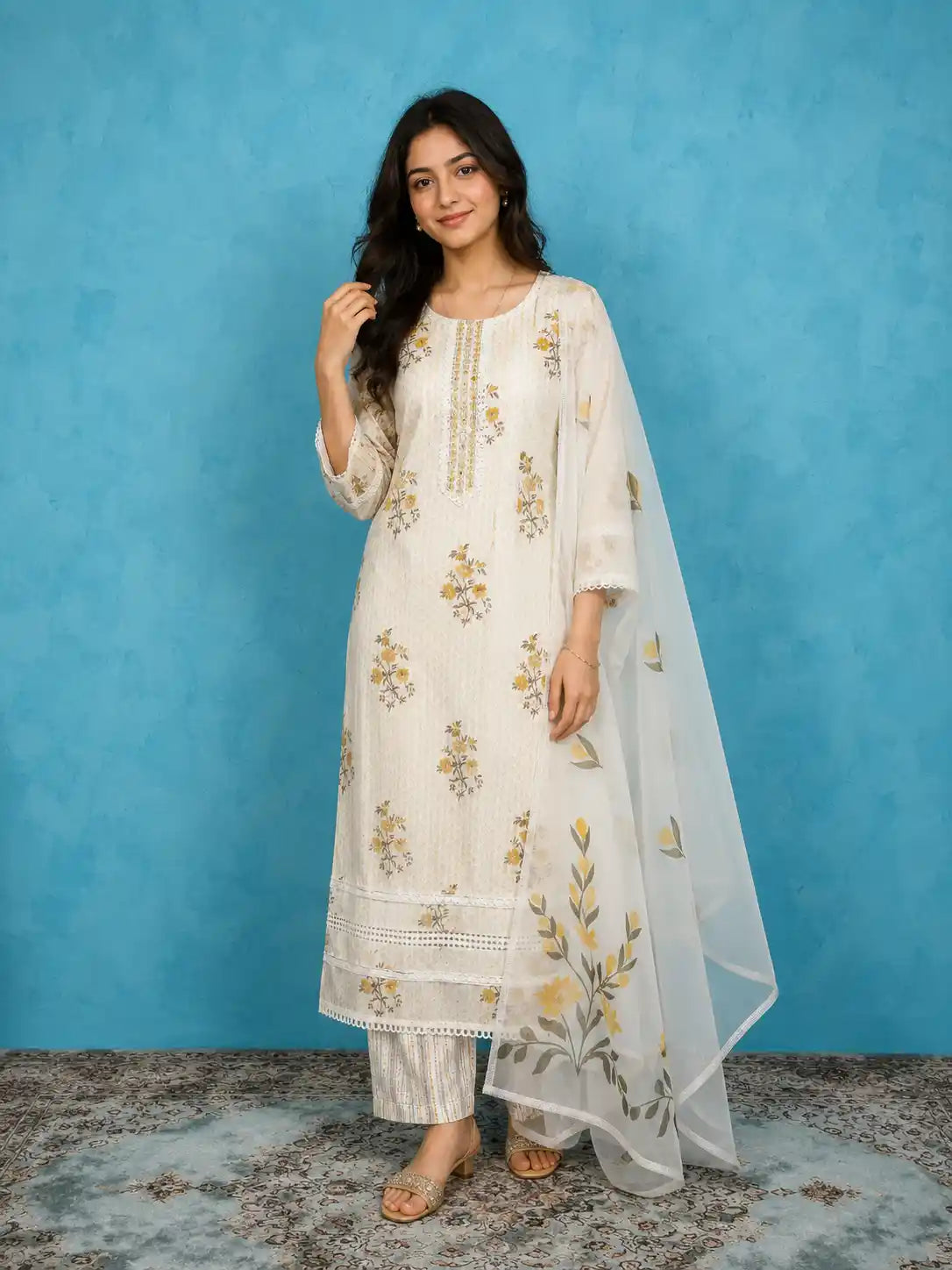 Off White Straight Cut Salwar Suit Adorned with Floral Prints and Embroidery along with Dupatta
