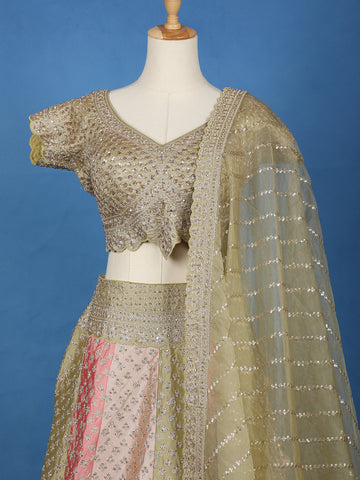 Olive Gold Floral Embroidered Silk Lehenga for Brides - Diadem