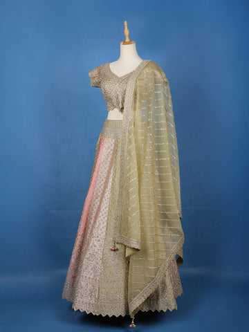 Olive Gold Floral Embroidered Silk Lehenga for Brides - Diadem