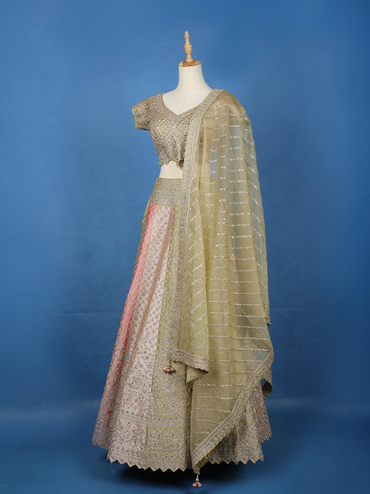 Olive Gold Floral Embroidered Silk Lehenga for Brides - Diadem