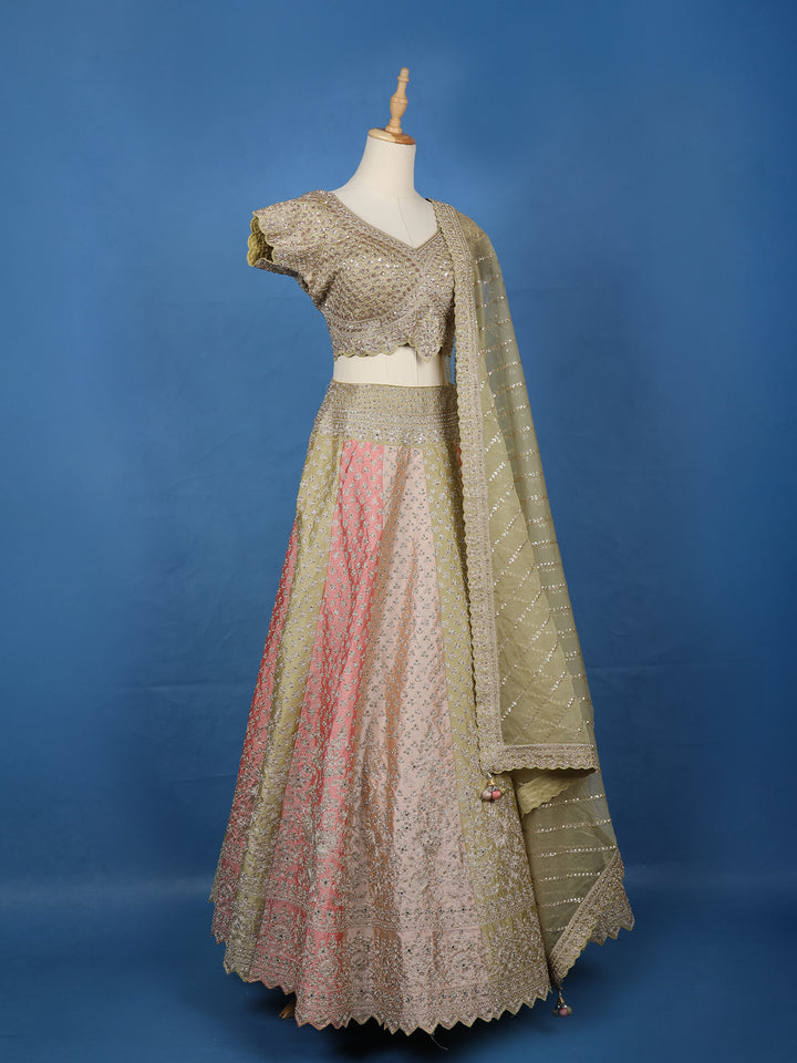 Olive Gold Floral Embroidered Silk Lehenga for Brides - Diadem