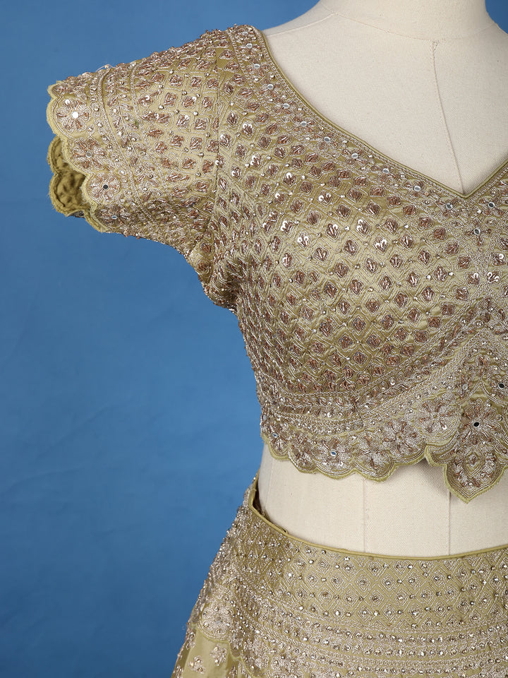 Olive Gold Floral Embroidered Silk Lehenga for Brides - Diadem