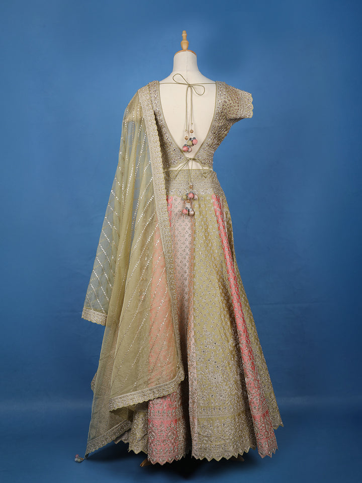 Olive Gold Floral Embroidered Silk Lehenga for Brides - Diadem