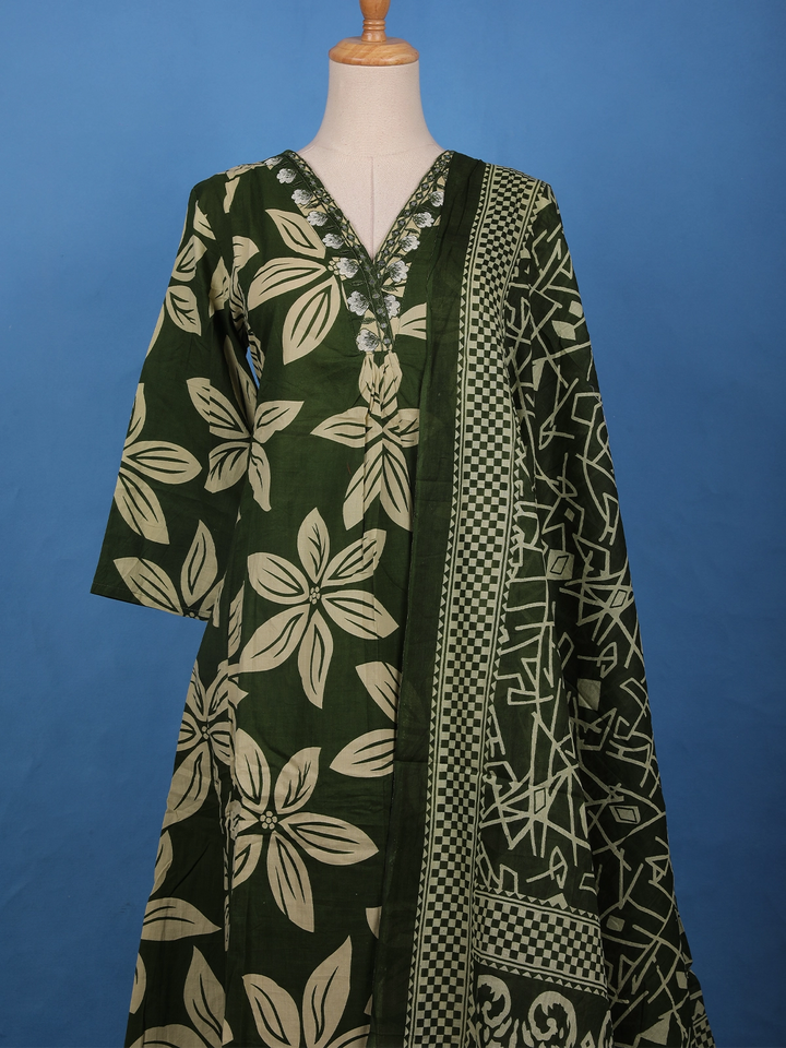 Olive Green Bold Floral Printed Cotton Salwar Suit - Diadem