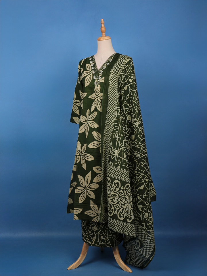Olive Green Bold Floral Printed Cotton Salwar Suit - Diadem