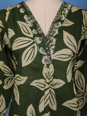 Olive Green Bold Floral Printed Cotton Salwar Suit - Diadem