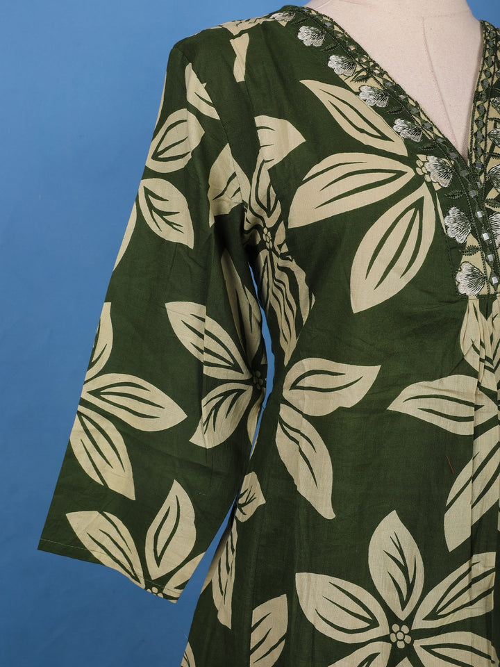 Olive Green Bold Floral Printed Cotton Salwar Suit - Diadem