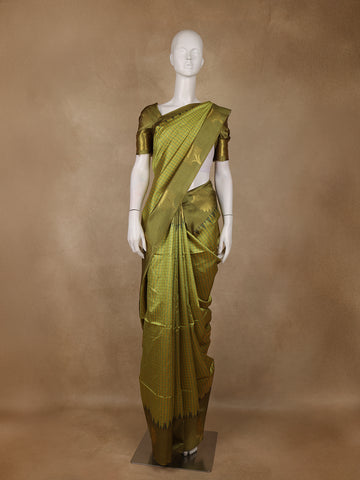 Olive Green Checked Design Tissue Silk Saree - Diadem