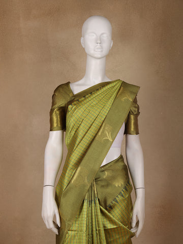 Olive Green Checked Design Tissue Silk Saree - Diadem