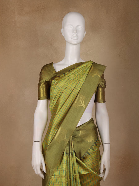 Olive Green Checked Design Tissue Silk Saree - Diadem