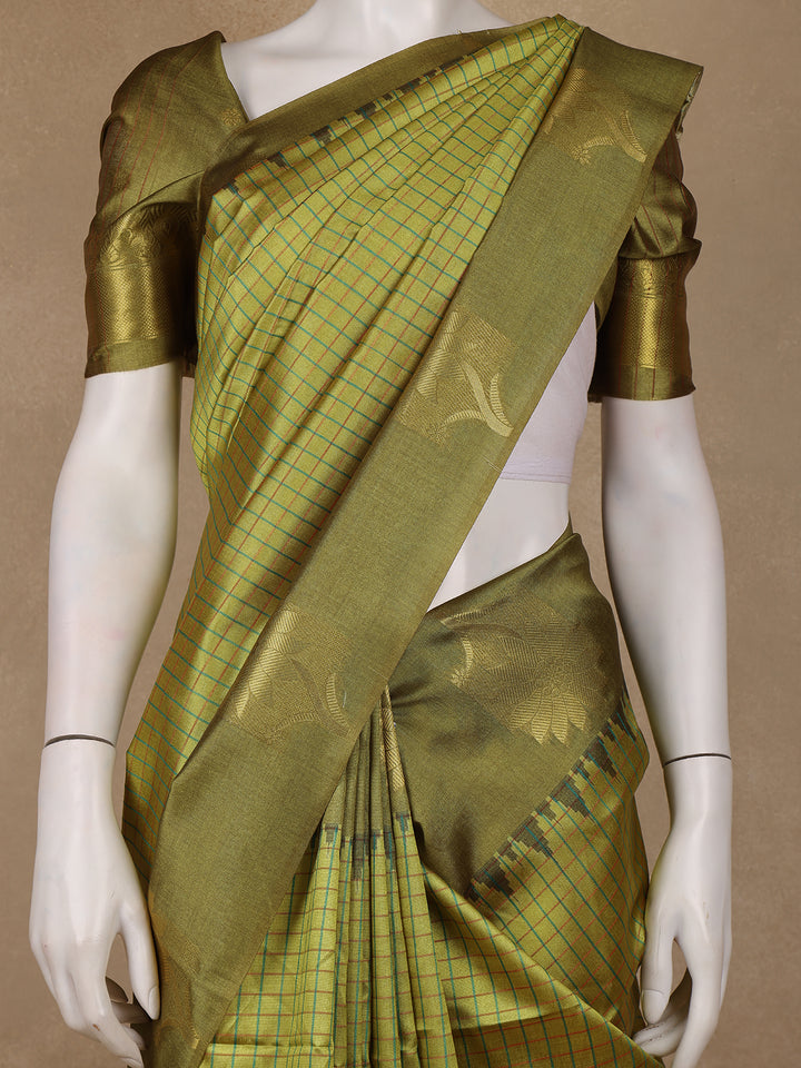 Olive Green Checked Design Tissue Silk Saree - Diadem