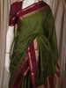 Olive Green Checked Zari Woven Design Pure Kanchipuram Silk Saree with Contrast Double Zari Border
