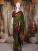 Olive Green Checked Zari Woven Design Pure Kanchipuram Silk Saree with Contrast Double Zari Border