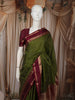 Olive Green Checked Zari Woven Design Pure Kanchipuram Silk Saree with Contrast Double Zari Border