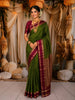 Olive Green Checked Zari Woven Design Pure Kanchipuram Silk Saree with Contrast Double Zari Border