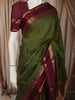 Olive Green Checked Zari Woven Design Pure Kanchipuram Silk Saree with Contrast Double Zari Border