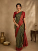 Olive Green Damask Floral Printed Chandheri Cotton Saree