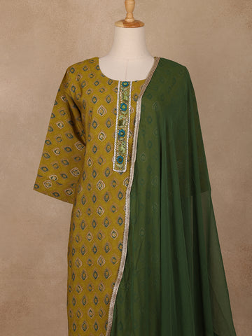Olive Green Diamond Printed Cotton Salwar Suit - Diadem