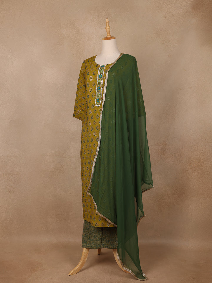 Olive Green Diamond Printed Cotton Salwar Suit - Diadem