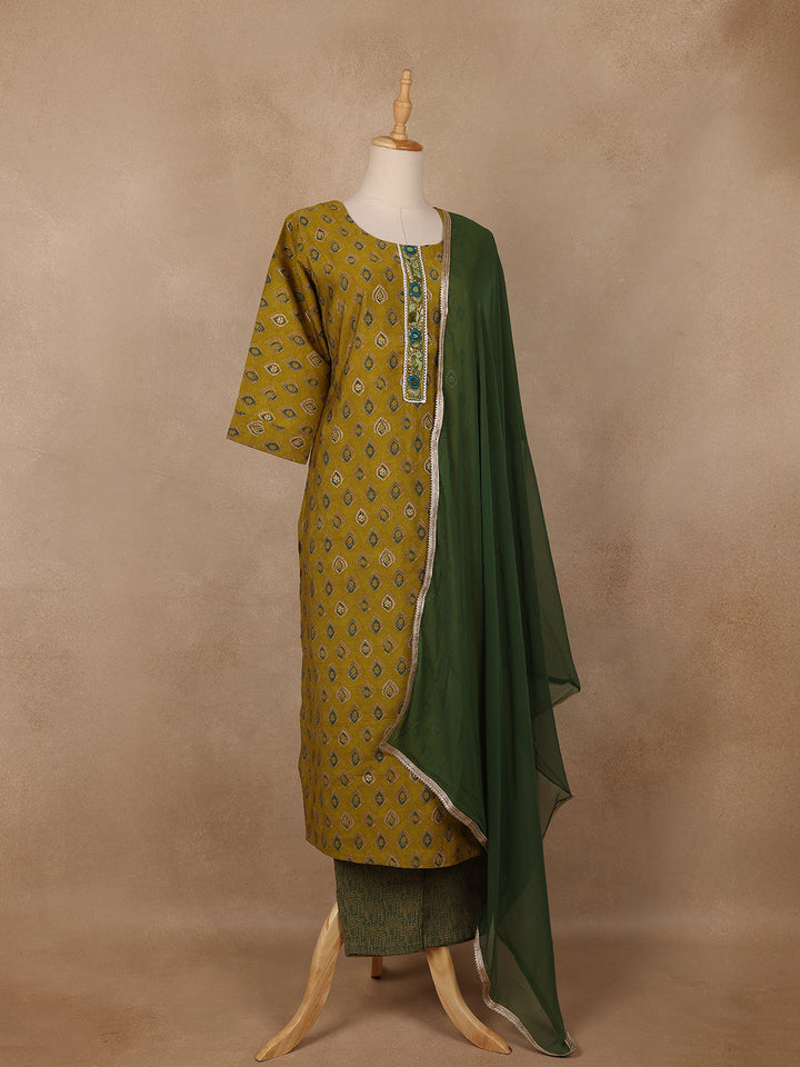 Olive Green Diamond Printed Cotton Salwar Suit - Diadem