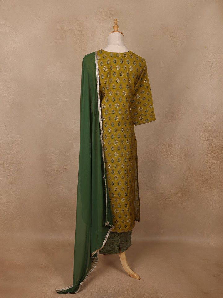Olive Green Diamond Printed Cotton Salwar Suit - Diadem