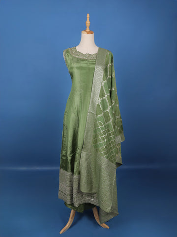 Olive Green Embroidered Silk Salwar Suit - Diadem