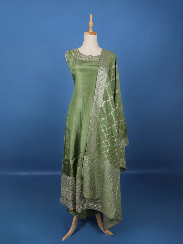 Olive Green Embroidered Silk Salwar Suit - Diadem