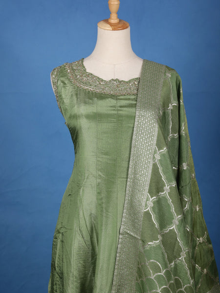 Olive Green Embroidered Silk Salwar Suit - Diadem
