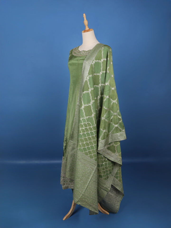 Olive Green Embroidered Silk Salwar Suit - Diadem