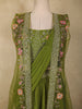 Olive Green Floral Beads Embroidered Design Net Party Wear Lehenga With Long Jacket Overlay