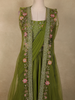 Olive Green Floral Beads Embroidered Design Net Party Wear Lehenga With Long Jacket Overlay