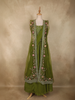 Olive Green Floral Beads Embroidered Design Net Party Wear Lehenga With Long Jacket Overlay