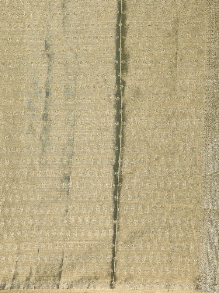 Olive Green Floral Brocade Design Tissue Saree - Diadem