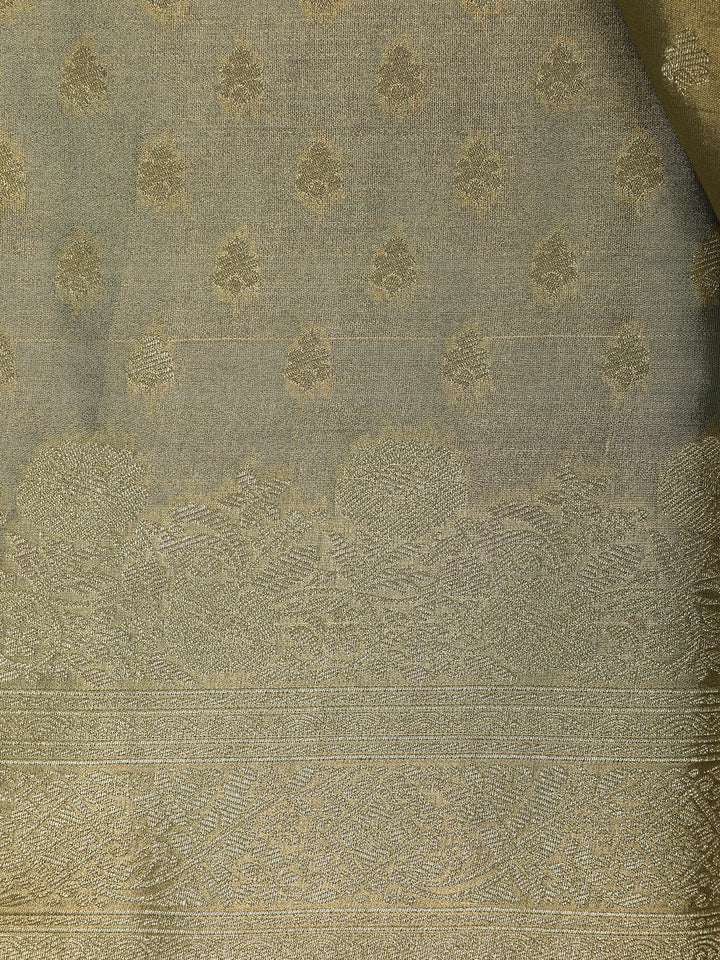Olive Green Floral Brocade Design Tissue Saree - Diadem