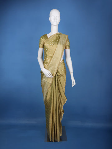 Olive Green Floral Brocade Design Tissue Saree - Diadem