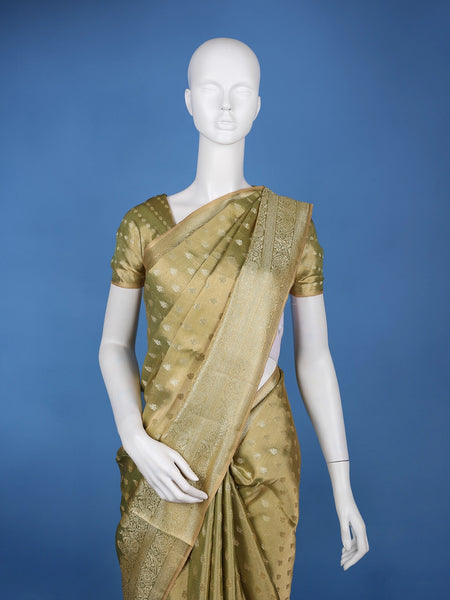 Olive Green Floral Brocade Design Tissue Saree - Diadem
